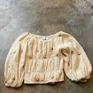 ZARA yellow embroidered gauze top with smocking detail. 3/4 sleeve. Cropped